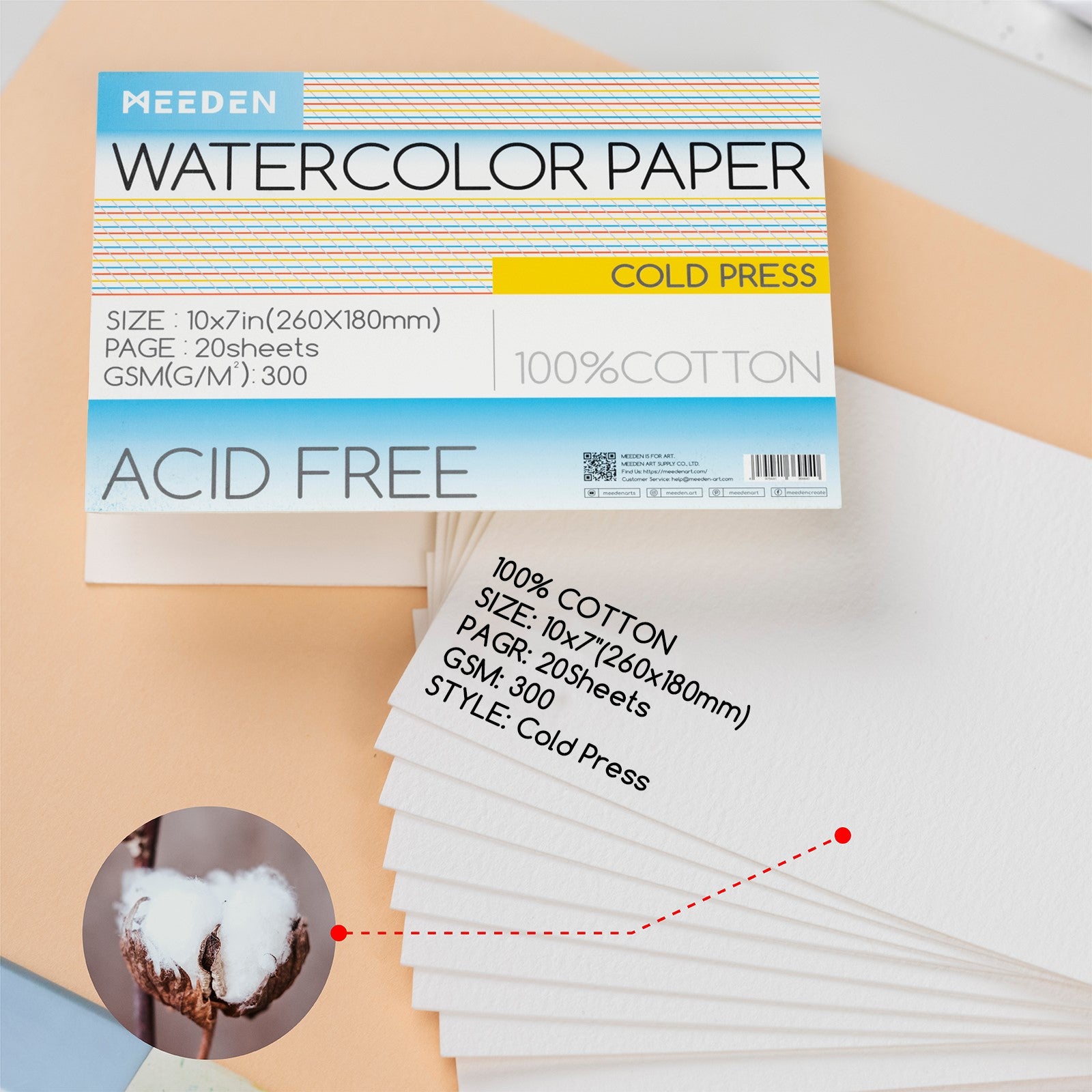 MEEDEN 10x7" Cold Press Watercolor Paper Pad 20 Sheets