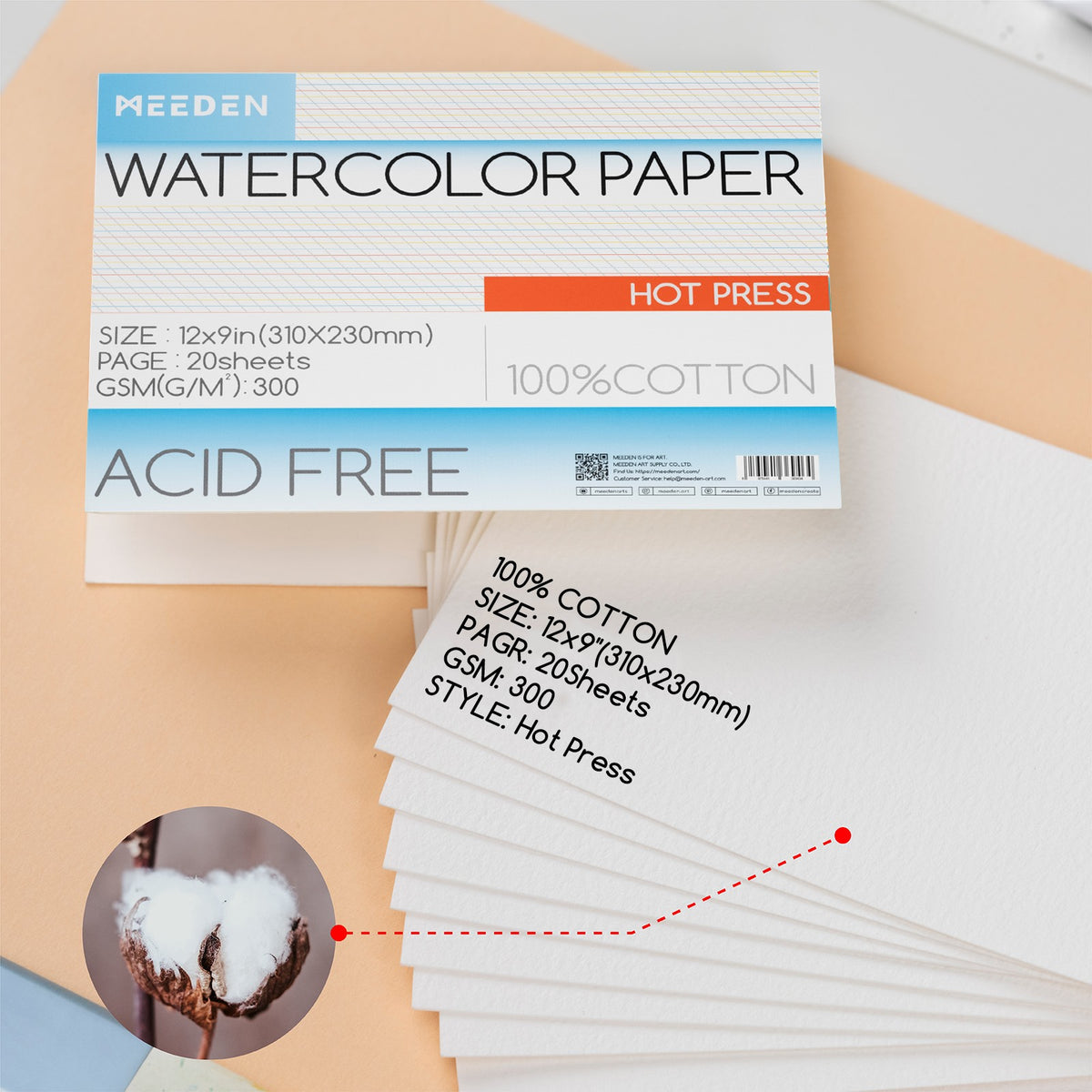 MEEDEN 12x9" Hot Press Watercolor Paper Pad 20 Sheets