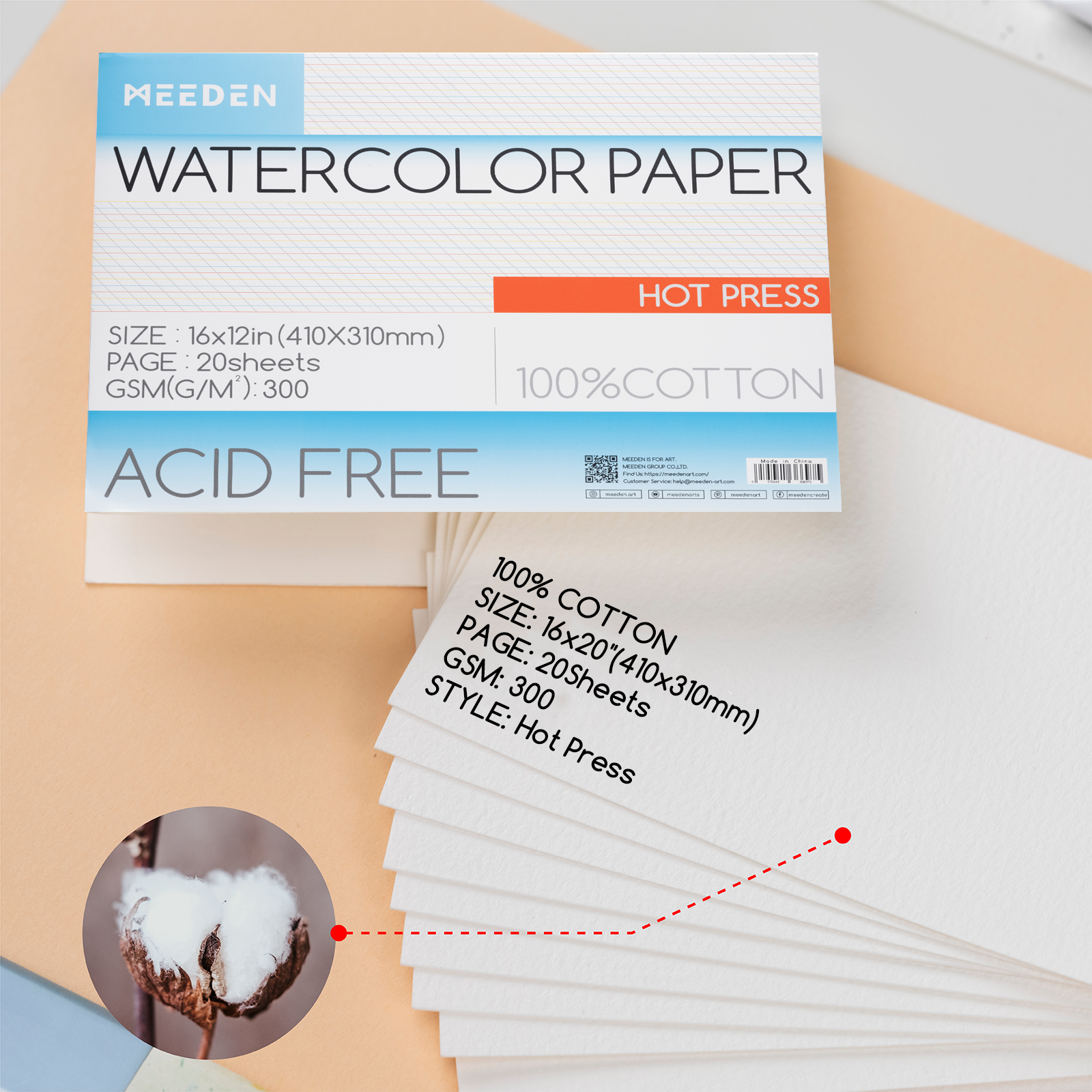 MEEDEN 16x12" Hot Press Watercolor Paper Pad 20 Sheets