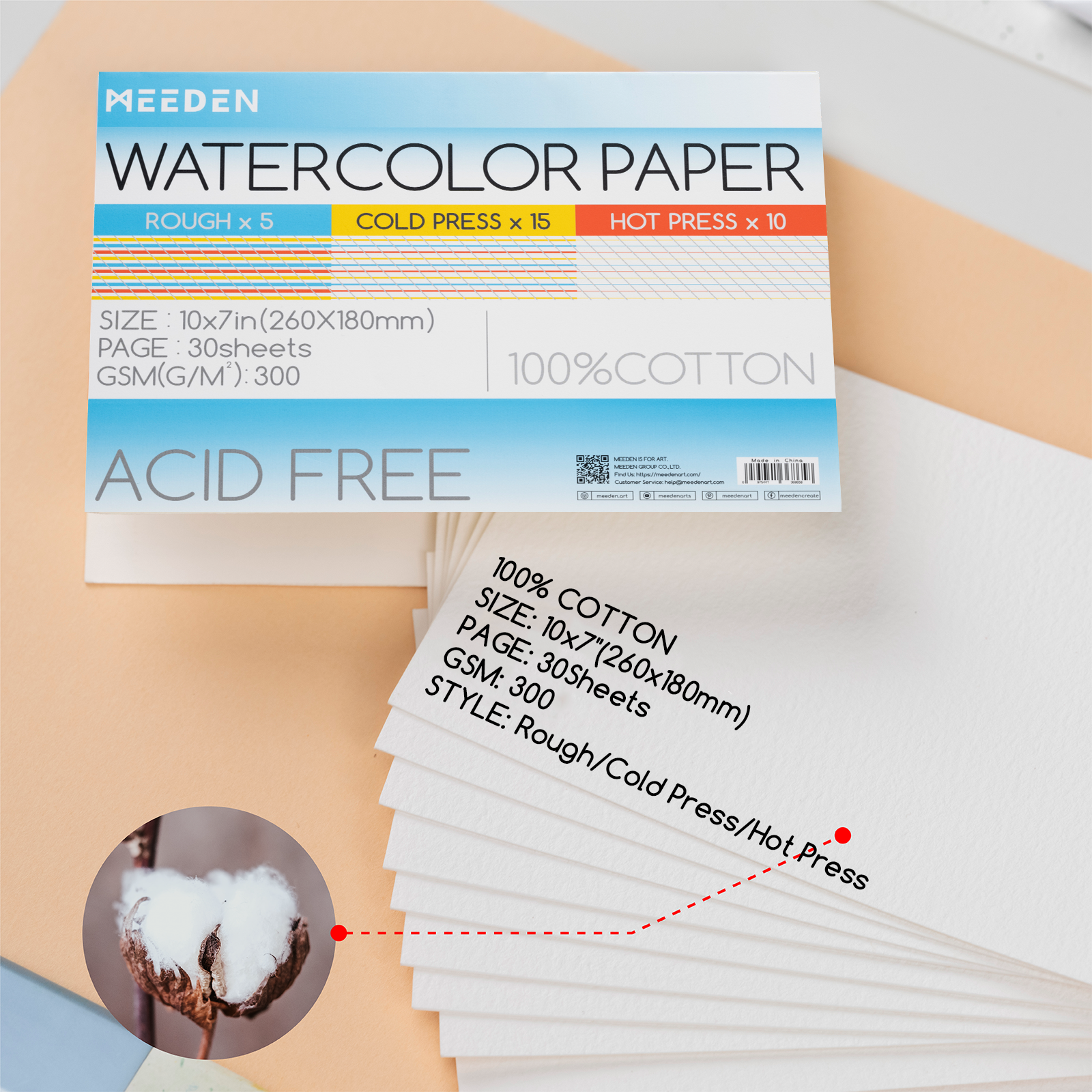 MEEDEN 10x7" Block - 3 Textures Watercolor Paper Pad 30 Sheets