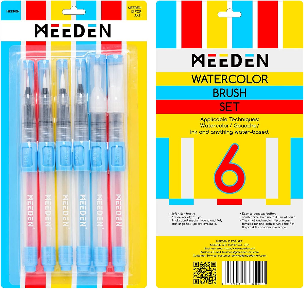 MEEDEN Water Brush Pens Set, 6 Pieces Refillable Water Color Brush Pen