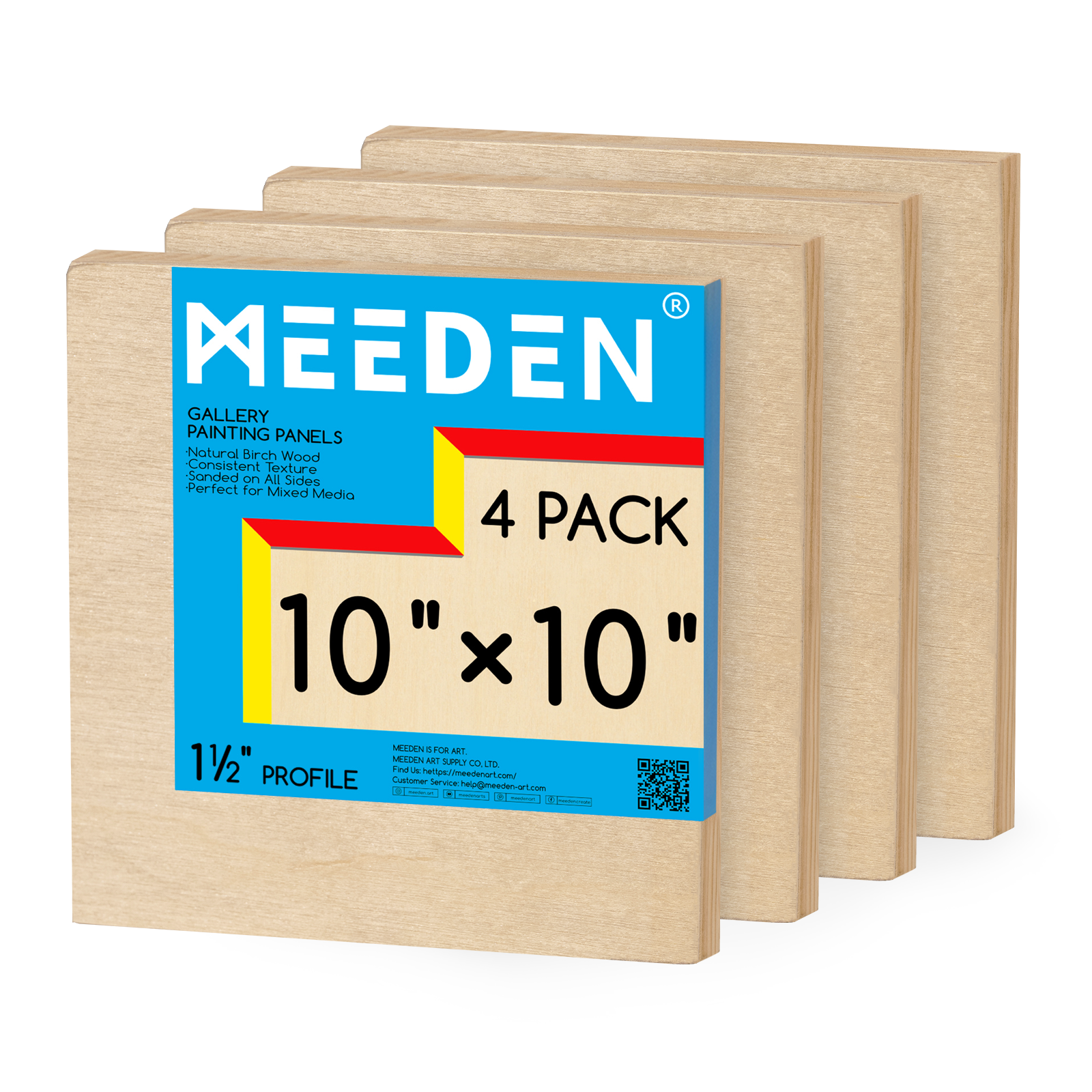 MEEDEN Artist Birch Wood Canvas Board, 1-1/2” Deep, 10x10 Inch, 4 Packs