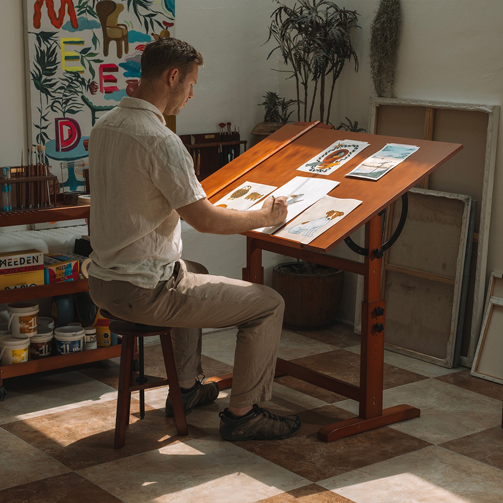 MEEDEN Extra Large Wood Drafting Table, Light Walnut