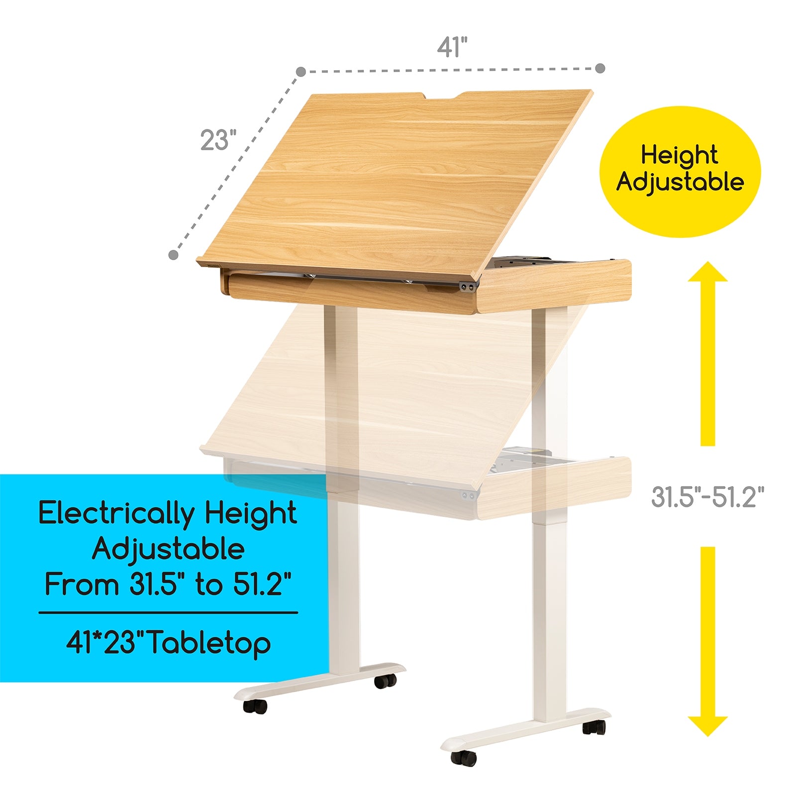 MEEDEN Large Electric Height Adjustable Drafting Table with Storage Drawer