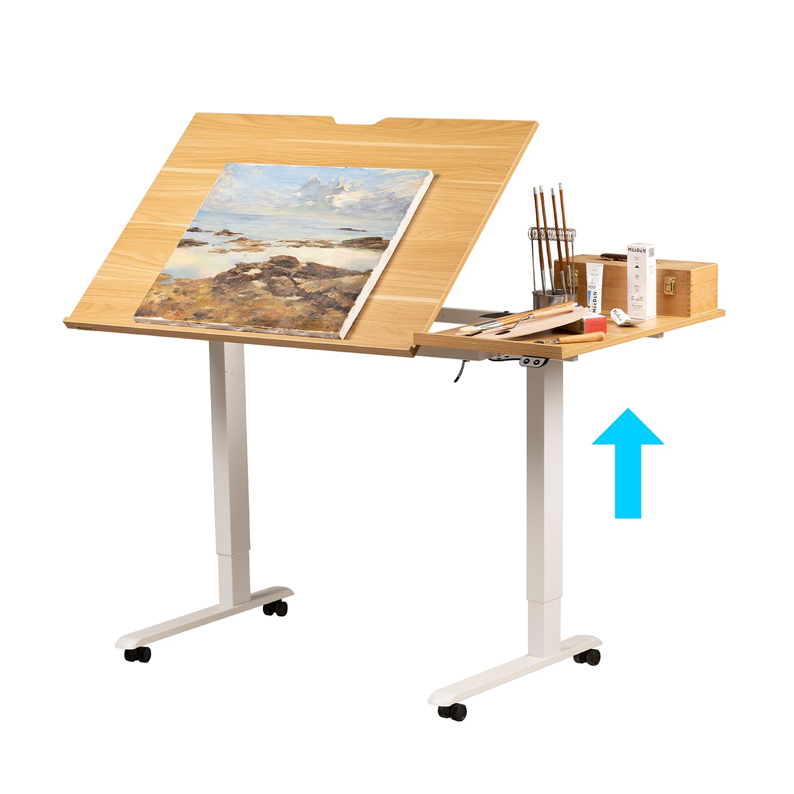 MEEDEN Large Electric Height Adjustable Drafting Table with Side Board